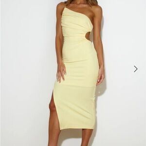 Yellow Ribbed One-Shoulder Bodycon Midi Dress